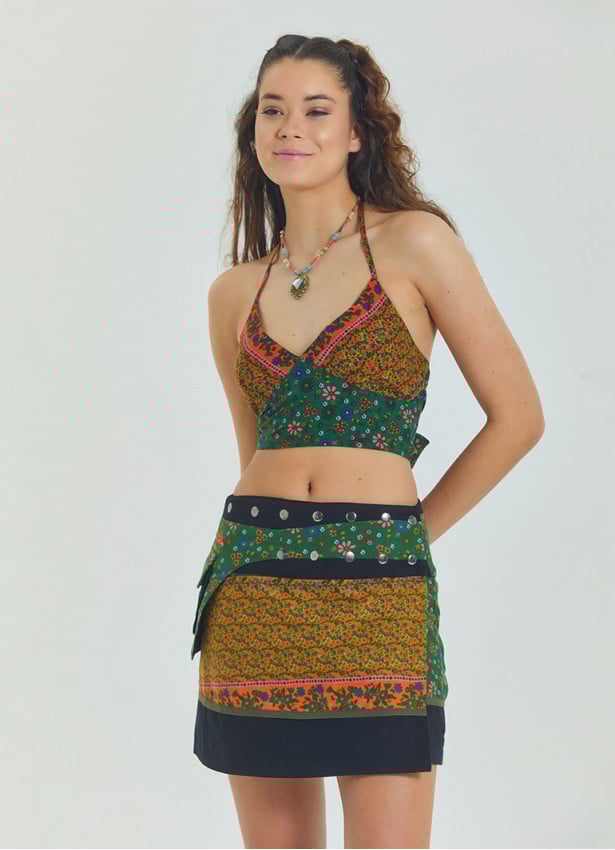 Snap Front Pocket Patchwork Wrap Green Floral Skirt 4685